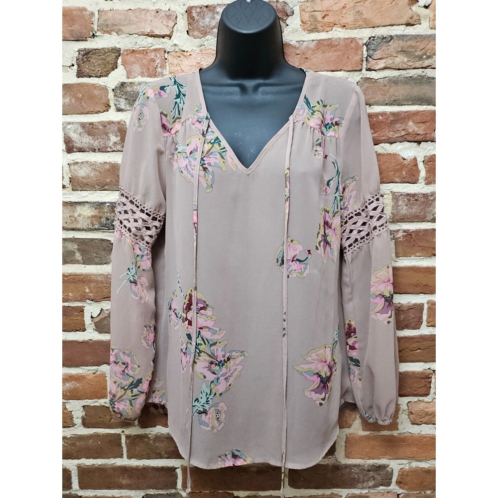 Daniel Rainn Blouse Womens Small‎ Beige Floral Sheer Lace Trim Drawstring V Neck